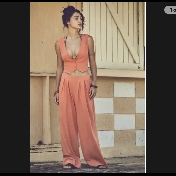 Free People Pants - 220. Free People Beach Women Roxanne Set Wide Leg Pants Cropped Vest Set Orange
